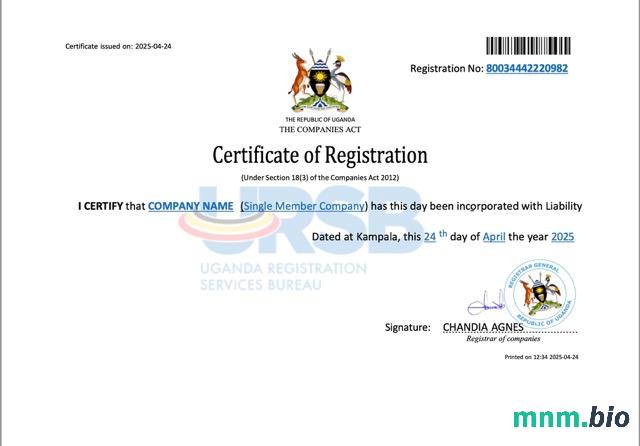 Uganda szablon Word i PDF certyfikatu rejestracji spółki
